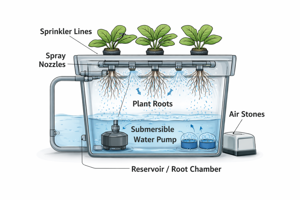 Recirculating Hydroponic Systems: How They Work & Why Growers Use Them Closed-loop aeroponic hydroponic system diagram showing misted plant roots, submersible pump, spray nozzles, and nutrient reservoir