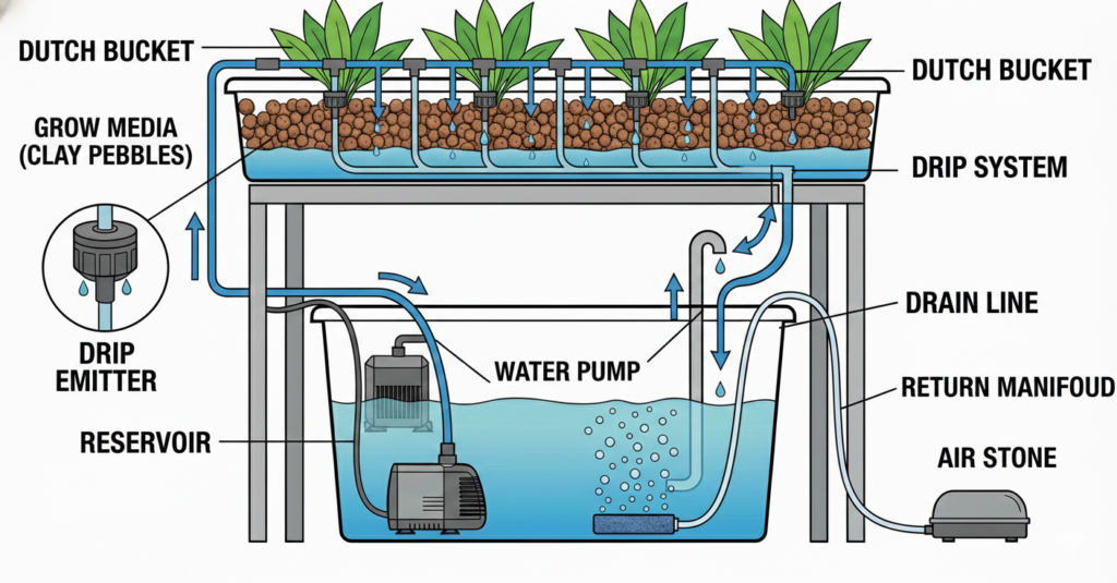 Recirculating Hydroponic Systems: How They Work & Why Growers Use Them Diagaram of a recirculating drip hydroponic system showing plants in clay pebbles, nutrient solution reservoir, water pump, tubing with drip emitters, and drainage back to the reservoir.
