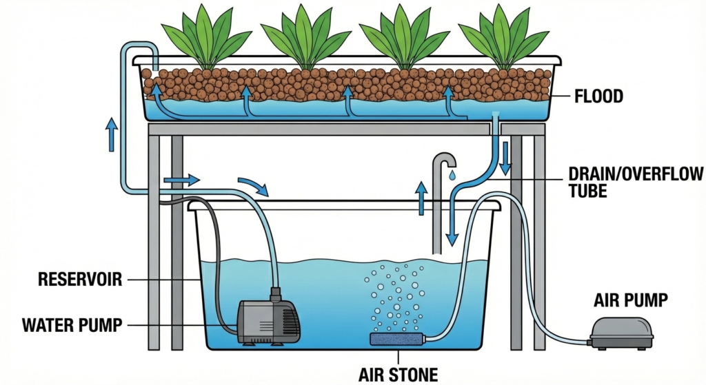 Recirculating Hydroponic Systems: How They Work & Why Growers Use Them Ebb and Flow Recirculating Hydroponics system diagram, including water pump, air pump, plants, nutrient solution, flood table, reservoir.