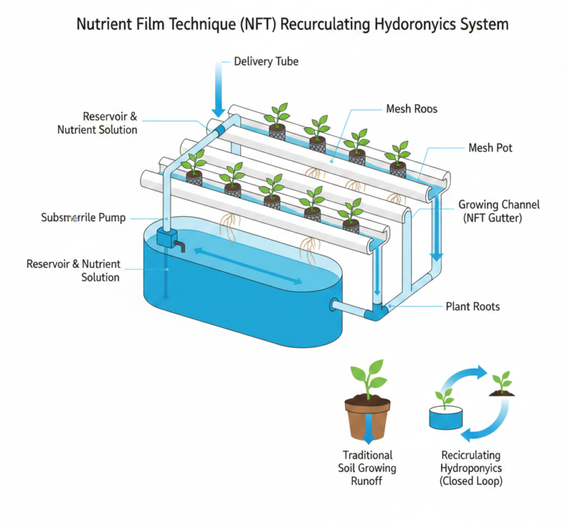 Nutrient Film Technique (NFT) hydroponics system diagram showing recirculating water and nutrient flow